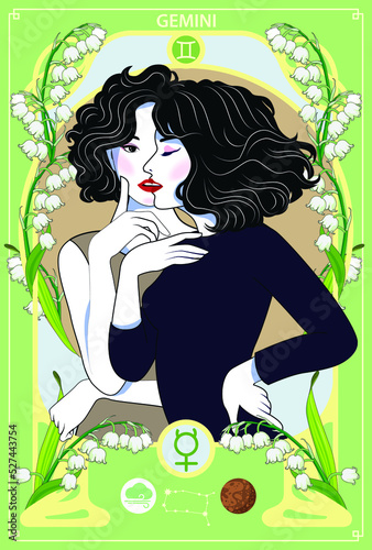 The woman who represents the Horoscope Sign Illustration in Art Nouveau style with sign of zodiac. Vector Illustration of Gemini Zodiac Sign.