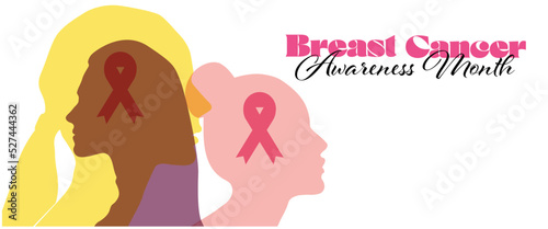  Breast cancer awareness prevention month poster. Women silhouette head isolated with pink ribbons