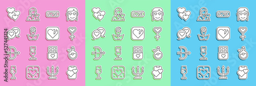 Set line Dating app online mobile, Bottle with love potion, Female gender symbol, Love text, Flower rose, Heart speech bubble, and Broken heart or divorce icon. Vector
