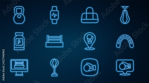 Set line Boxing glove, Mouth guard boxer, Sport bag, ring, Energy drink, Weight, and Smart watch with heart icon. Vector