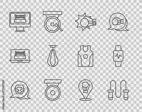 Set line Boxing helmet, Jump rope, Punch boxing glove, gong, ring, Punching bag, and Smart watch with heart icon. Vector