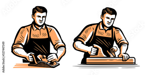 Builder carpenter with jointer working on wood. Carpentry, woodwork, joinery concept. Vector illustration