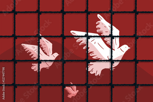 White pigeons behind bars, the concept of political prisoners, arrested oppositionists of the government, control and censorship photo