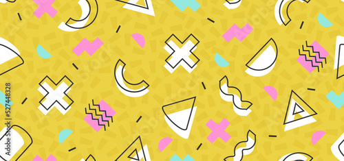 Background in the style of the 80s with multicolored geometric shapes on the yellow background. Illustration for hipsters Memphis style
