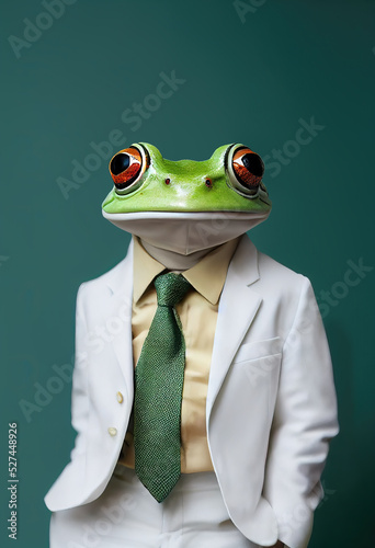 Red-eyed tree frog poses with his beige golden shirt, his green tie and white costume. Funny yet serious mr. Frog poses with grace and confidence over a green background.