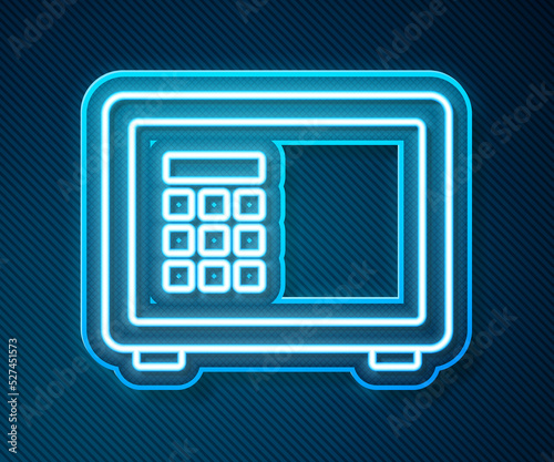 Glowing neon line Safe icon isolated on blue background. The door safe a bank vault with a combination lock. Reliable Data Protection. Vector