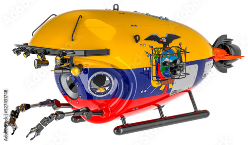 Bathyscaphe with Ecuadorian flag. Marine geology, oceanography in Ecuador, 3D rendering