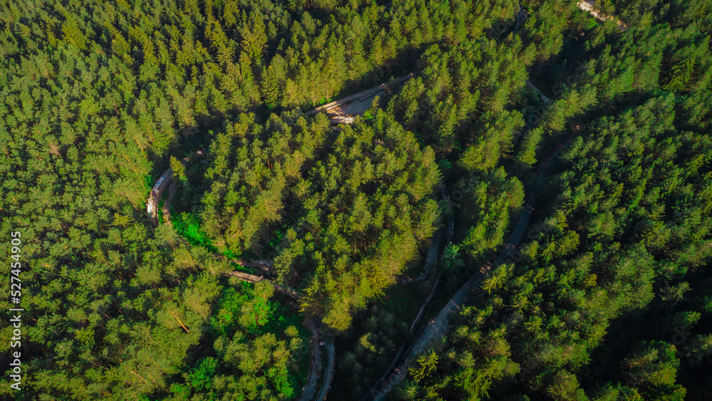 Aerial view of Abandoned or deserted remains of former bobsleigh track in Sarajevo, for the 1984 winter games.