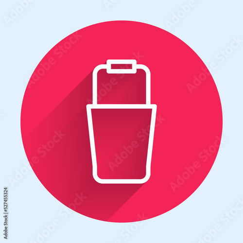 White line Sauna bucket icon isolated with long shadow background. Red circle button. Vector