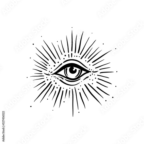 Blackwork tattoo flash. Eye of Providence. Masonic symbol. All seeing eye inside triangle pyramid. New World Order. Sacred geometry, religion, spirituality, occultism. Isolated vector illustration.