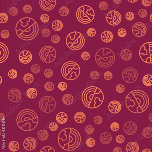 Brown line Earth core structure crust icon isolated seamless pattern on red background. Vector