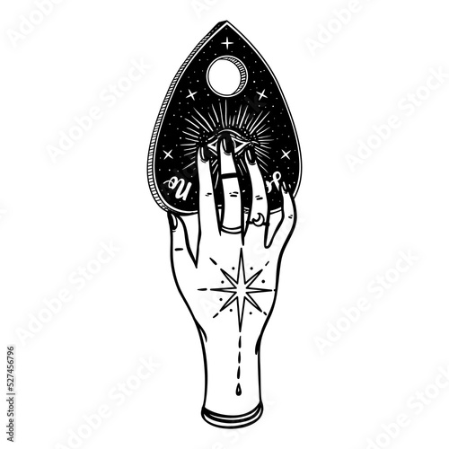 Ouija planchette for spirit talking board in fortune teller hands with tattoo. Astrology, witchcraft, book of spells. Hand drawn art, vector illustration isolated on white background.