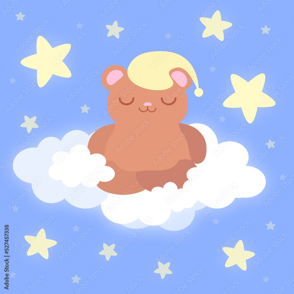 Cute bear sleeping in a cloud, nursery child background. Illustration. Cute bear sleeping in a cloud, nursery child background. Illustration.
