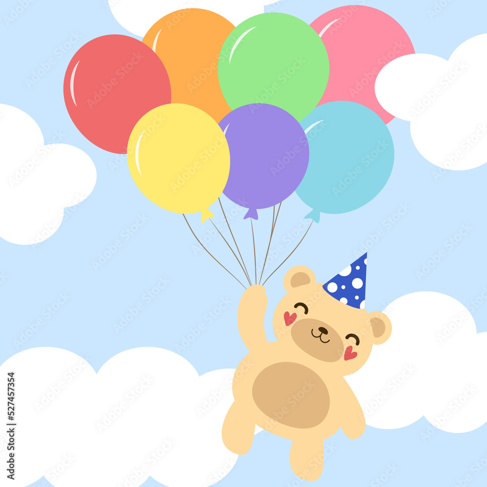 Cute bear flying in balloons, Happy birthday greeting card with cartoon bear. Illustration. Cute bear flying in balloons, Happy birthday greeting card with cartoon bear. Illustration.