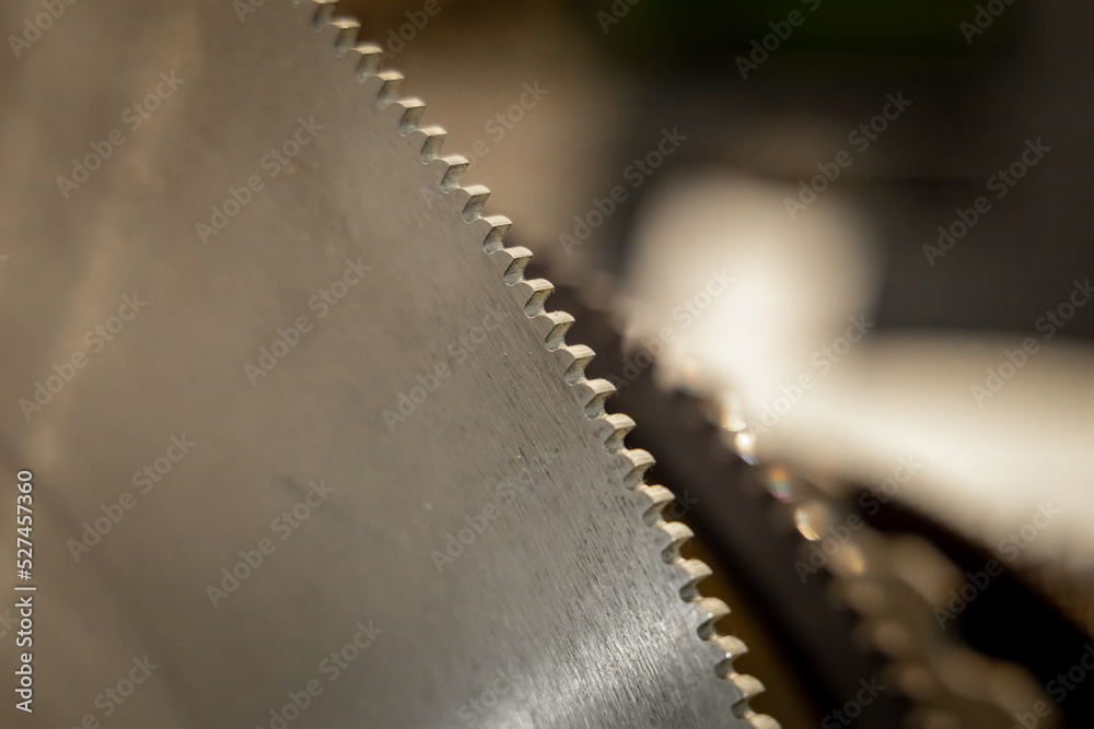 Circular saw teeth close-up. Tool for woodworking. Steel disc sawmill. Selective focus