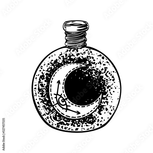 Magic potion black bottle jar set with crescent moon and glowing stars inside...