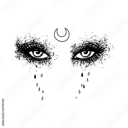 Mystic eyes of witch with a moon. Hand-drawn vector illustration isolated on white. Trendy print, alchemy, religion, spirituality, occultism. Black and white. Vintage style.
