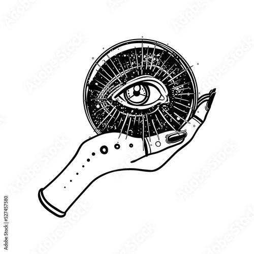Human hands with tattoo holding Magic Crystal with all seeing eye inside. Ast...