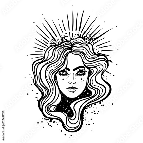 Young beautiful witch. Mystic character. Alchemy, spirituality, occultism, tattoo art. Isolated black and white vector illustration. Halloween concept. Wiccan woman.