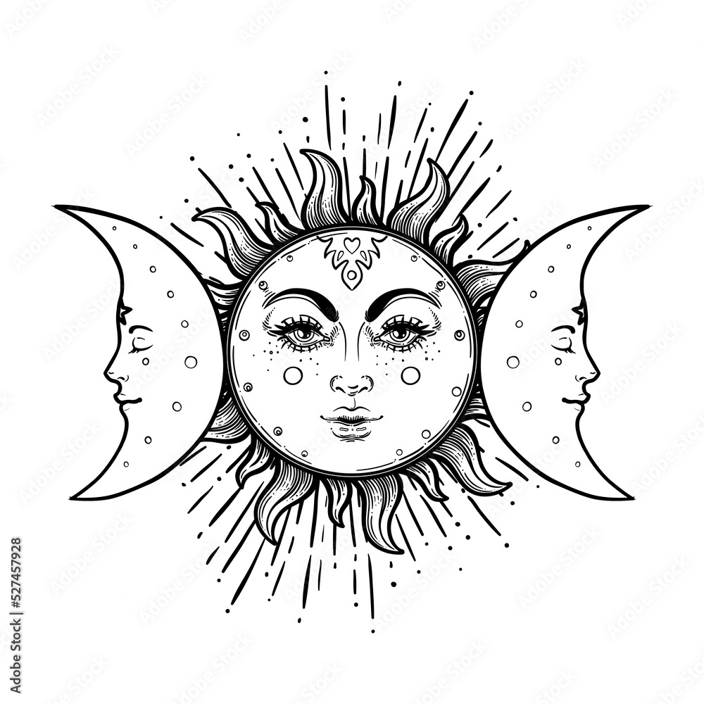Sun and Triple moon pagan Wicca moon goddess symbol. Three-faced Goddess:  Maiden – Mother – Crone isolated vector illustration. Tattoo, astrology,  alchemy, boho and magic symbol. Coloring book. Stock Vector | Adobe Stock