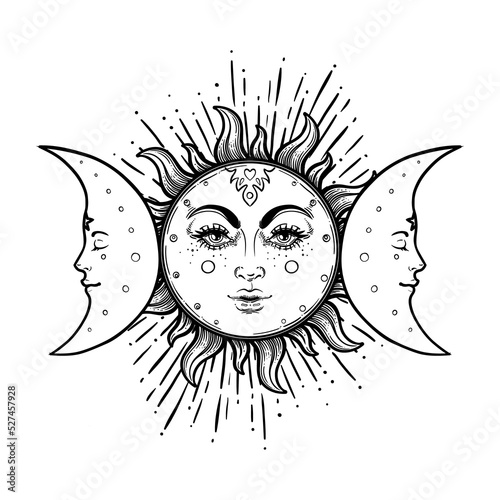 Sun and Triple moon pagan Wicca moon goddess symbol. Three-faced Goddess: Maiden – Mother – Crone isolated vector illustration. Tattoo, astrology, alchemy, boho and magic symbol. Coloring book.
