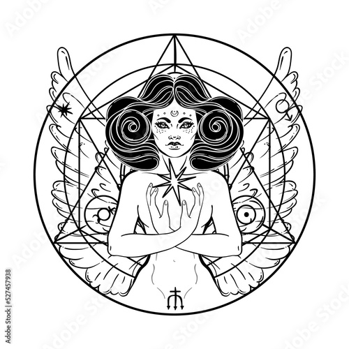 African American magic woman holding all seeing eye with rays. Vector Illustration. Mysterious black girl over sacred geometry symbols and wings. Alchemy, religion, spirituality, occultism, tattoo art