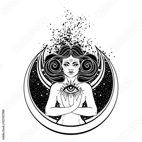 African American magic woman holding all seeing eye with rays. Vector Illustr...