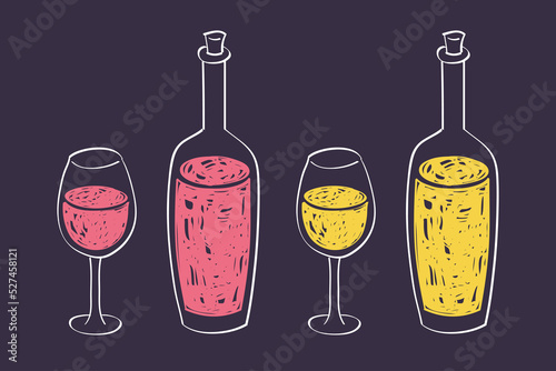 Red and white wine bottle and glass on a black board background hand drawn doodle line chalk sketch vector illustration