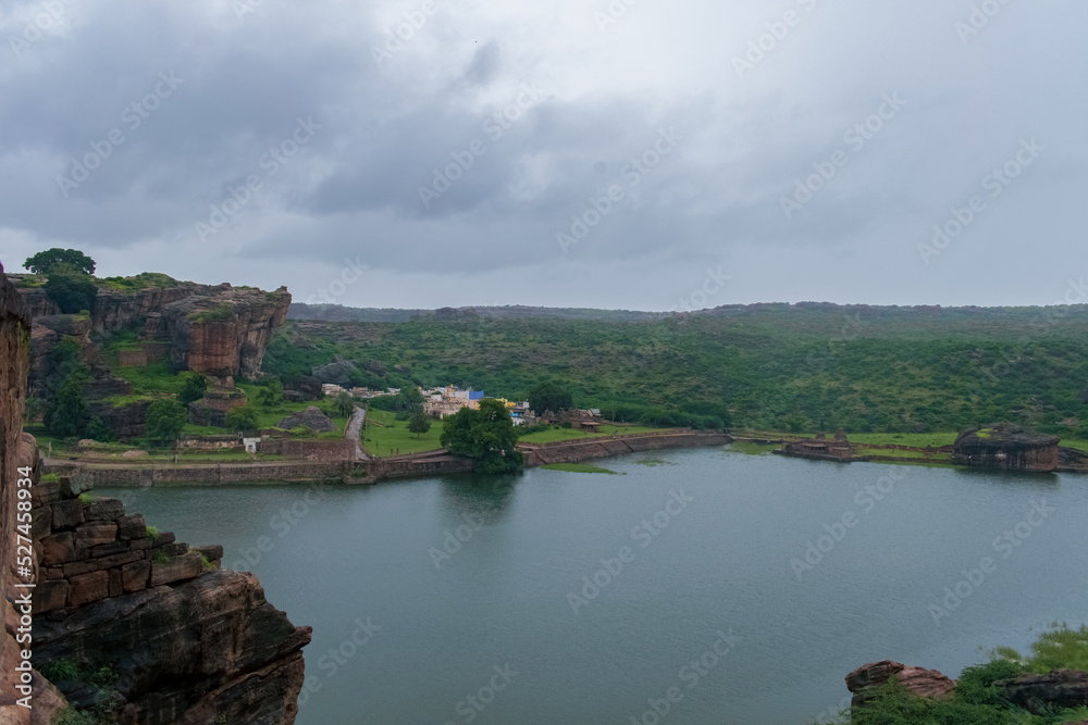 Landscape areal badami hills with agasthya lake.