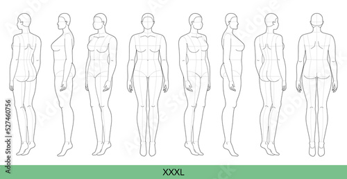 Set of XXXL Women Fashion template 9 nine head size Croquis over size Lady model Curvy body figure front, side, 3-4, back view. Vector outline girl for Fashion Design, Illustration, technical drawing