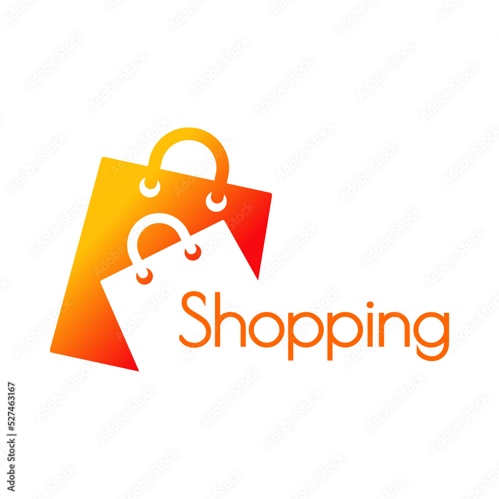 Logotipo con texto Shopping con una bolsa de la compra. Bolsa de la compra en espacio negativo