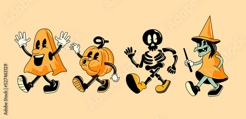 Fototapeta Naklejka Na Ścianę i Meble -  A collection of vintage style halloween characters including a ghost, pumpkin and witch. Vector illustration