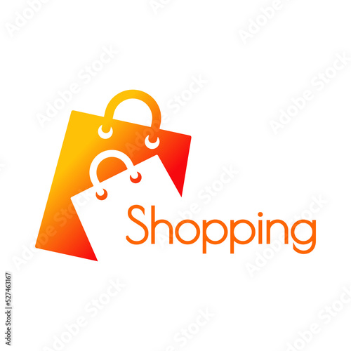 Logotipo con texto Shopping con una bolsa de la compra. Bolsa de la compra en espacio negativo