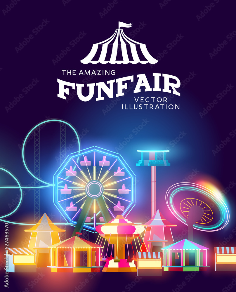 Fairground and amusement park with rides and attractions. Vector illustration - obrazy, fototapety, plakaty 