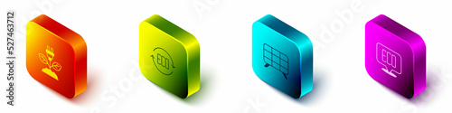Set Isometric Electric saving plug in leaf, Leaf Eco symbol, Solar energy panel and icon. Vector