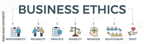 Business ethics banner web icon vector illustration concept for web and print with an icon of responsibility, reliability, principle, morality, behavior, relationship, and trust