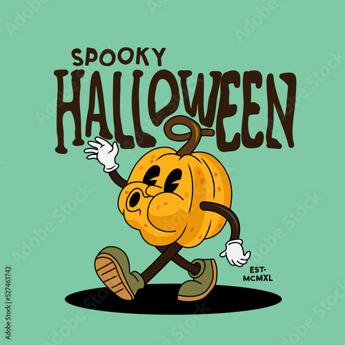 Happy Halloween! A vintage whistling pumpkin character walking into Halloween. Vector illustration
