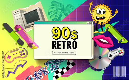 1990s retro background themed frame with iconic nineties objects and patterns. Vector illustration.