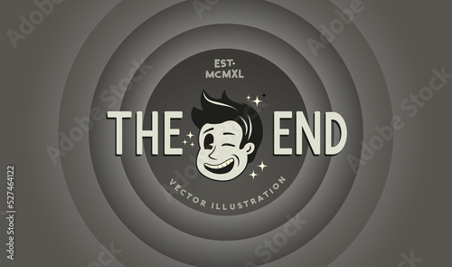 The End - Vintage film cartoon style ending background with a winking character. Vector illustration.