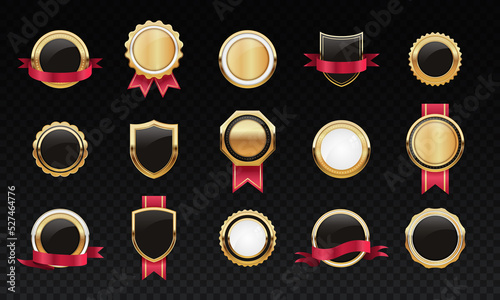Award realistic medal set. Collection of prizes for winners of competition, golden rewards on copy space. Goal achievement. Three dimensional vector illustrations isolated on transparent background