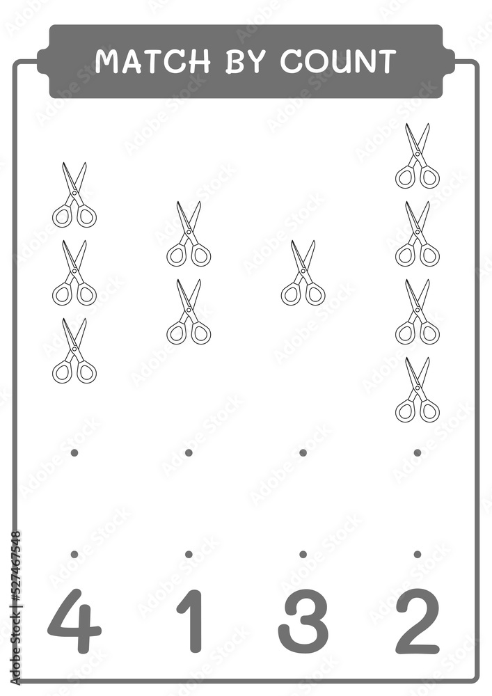Match by count of Scissor, game for children. Vector illustration, printable worksheet Match by count of Scissor, game for children. Vector illustration, printable worksheet