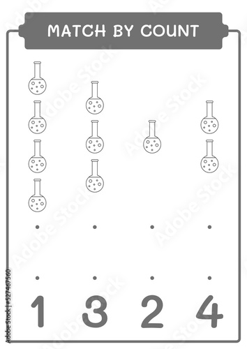 Match by count of Chemistry flask, game for children. Vector illustration, printable worksheet