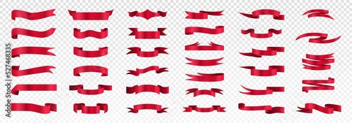 Collection of red ribbons. Set of graphic elements for website on copy space. Page design, curved lines, traditional ornament. Cartoon realistic vector illustrations isolated on transparent background