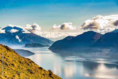 Superb views of Lake Wanaka and its bays from half way up the steep slopes of the Roys Peak walking track