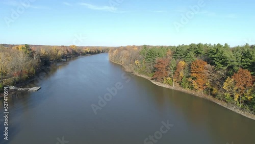 Drone video rotating from left to right over the quiet river, on a clear sunny day, in the Fall, between an island and the shore of Rosemere photo