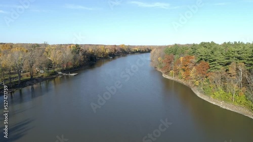 Drone video flying over the quiet river, on a clear sunny day, in the Fall, between an island and the shore of Rosemere photo