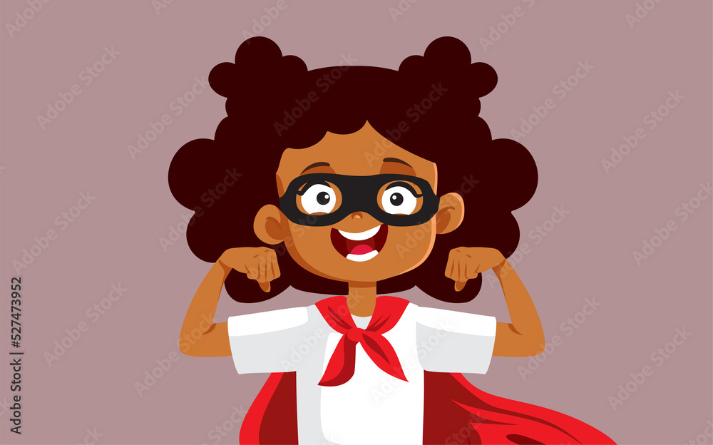 Happy Superhero Girl Flexing her Muscles Vector Cartoon. Funny child engaged in play pretend game wearing a super heroine costume
Happy Superhero Girl Flexing her Muscles Vector Cartoon. Funny child engaged in play pretend game wearing a super heroine costume