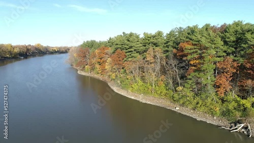 Drone video flying backward over the quiet river, on a clear sunny day, in the Fall, between an island and the shore of Rosemere photo