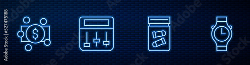 Set line Evidence bag with bullet, Stacks paper money cash, Drum machine music and Wrist watch. Glowing neon icon on brick wall. Vector