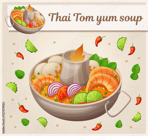 Red tom yum soup vector icon with ingredients. Traditional dinner cartoon illustration